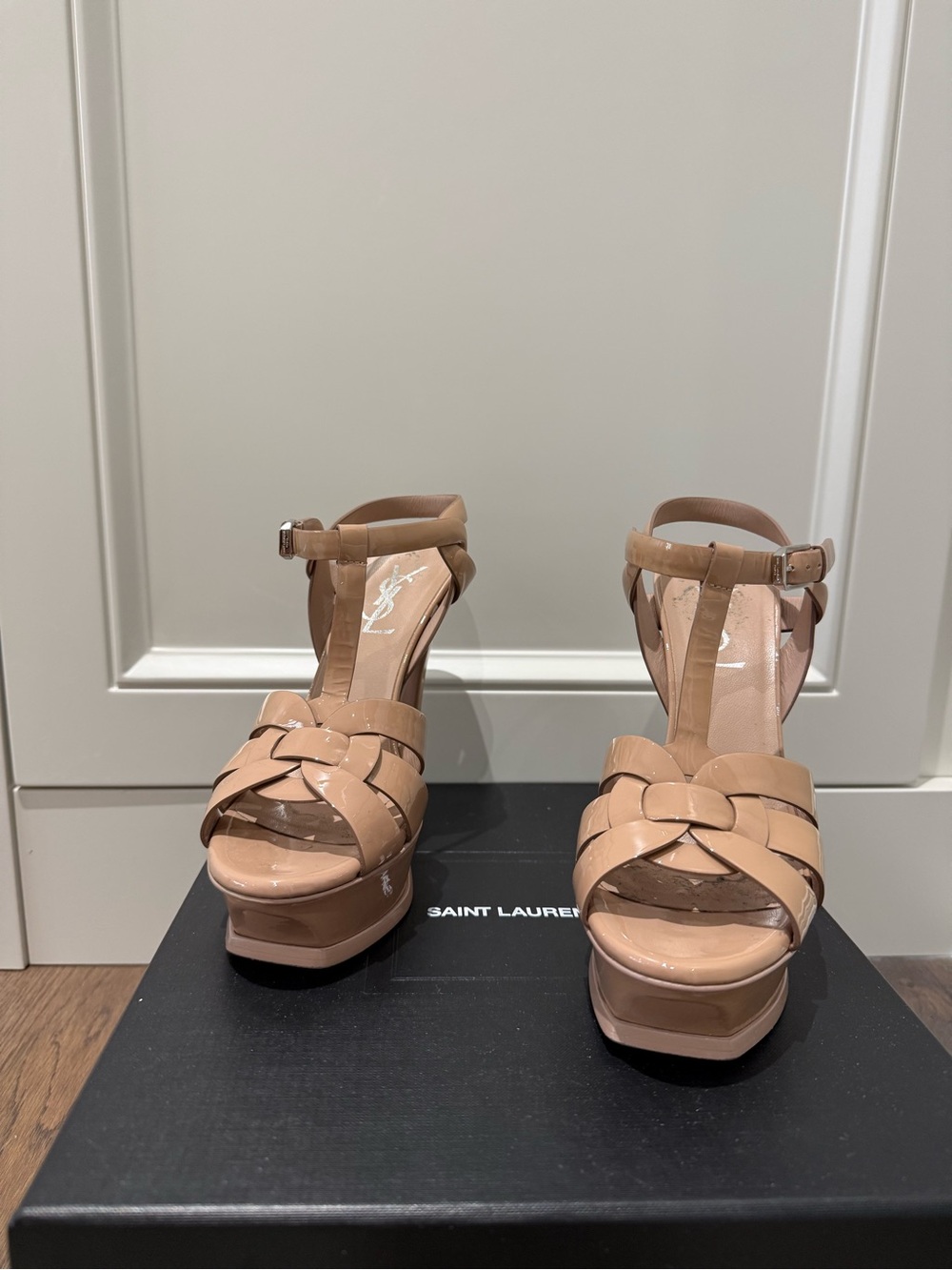 Saint Laurent Beige Patent Leather Platform Sandals